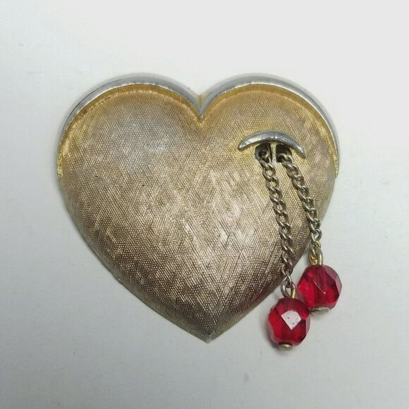 Vintage JJ Heart Shape Crying Eye Brooch, Gold Tone, Red Beads, Signed Estate - Picture 6 of 7